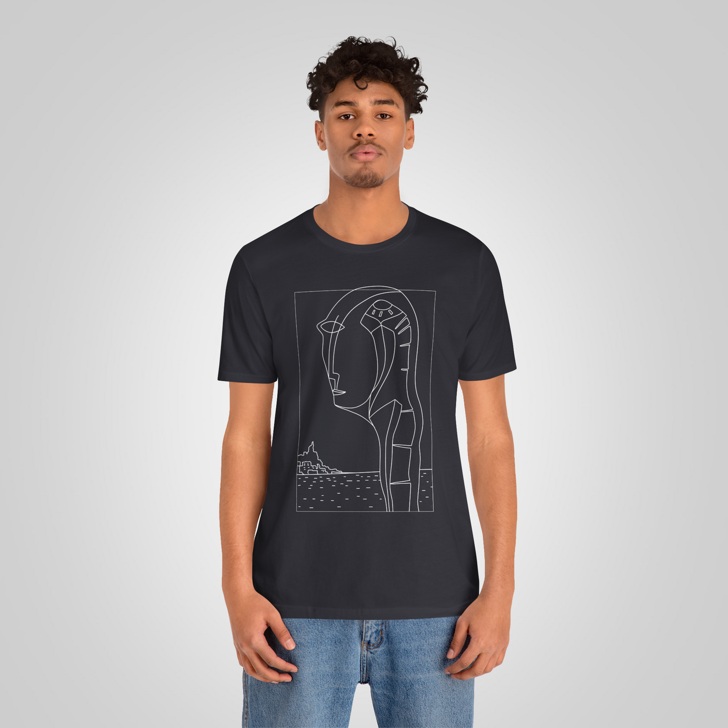 Artistic t-shirt face long neck dark gray