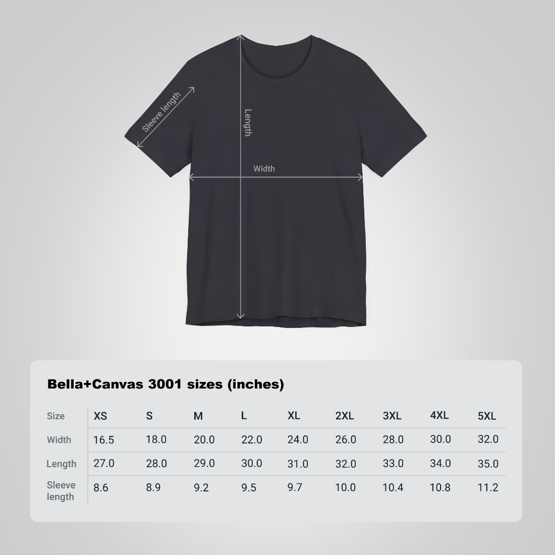 Size Chart tshirt dark gray