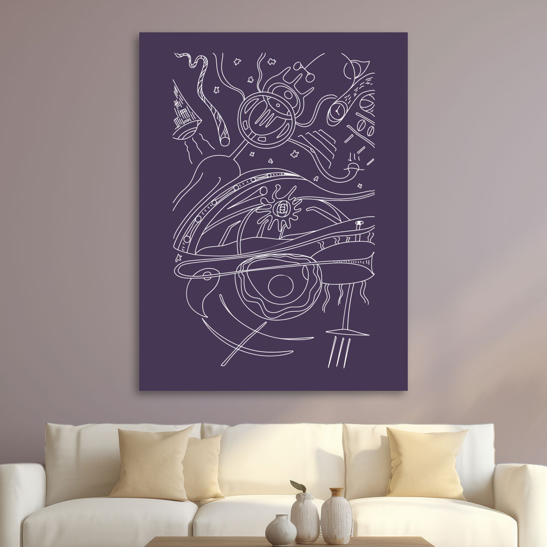 Abstract space art print on canvas muted eggplant