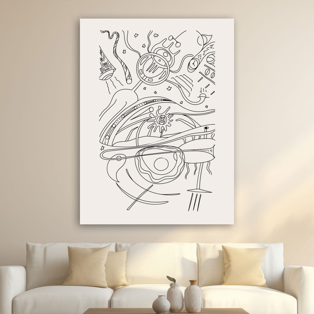 Abstract space art print on vintage white canvas