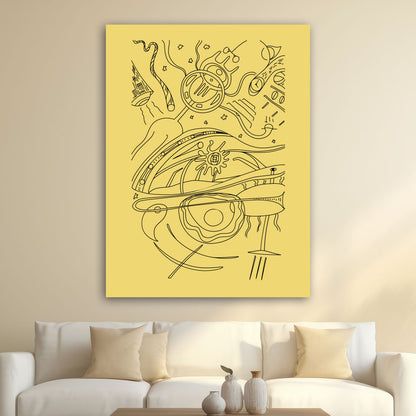 Abstract space art print on yellow canvas 