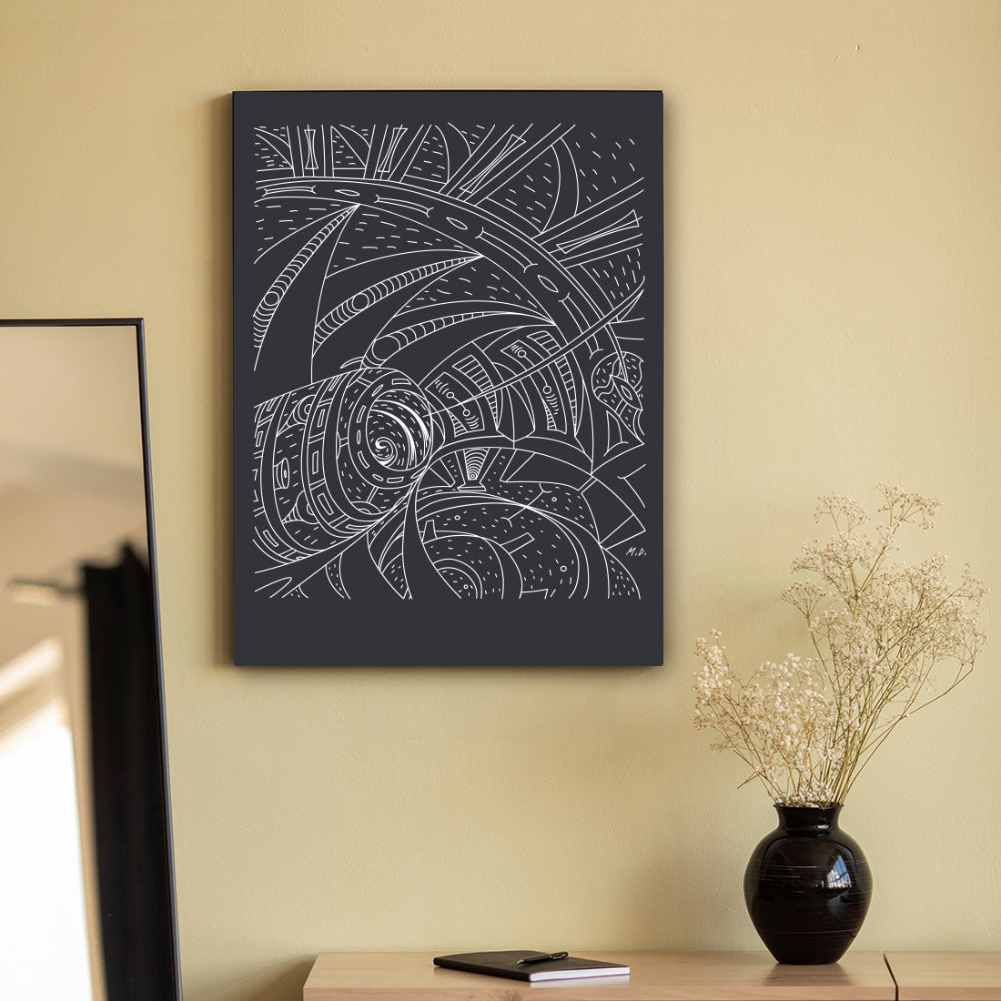 Line art with curving arches and architectural on canvas in interior elements