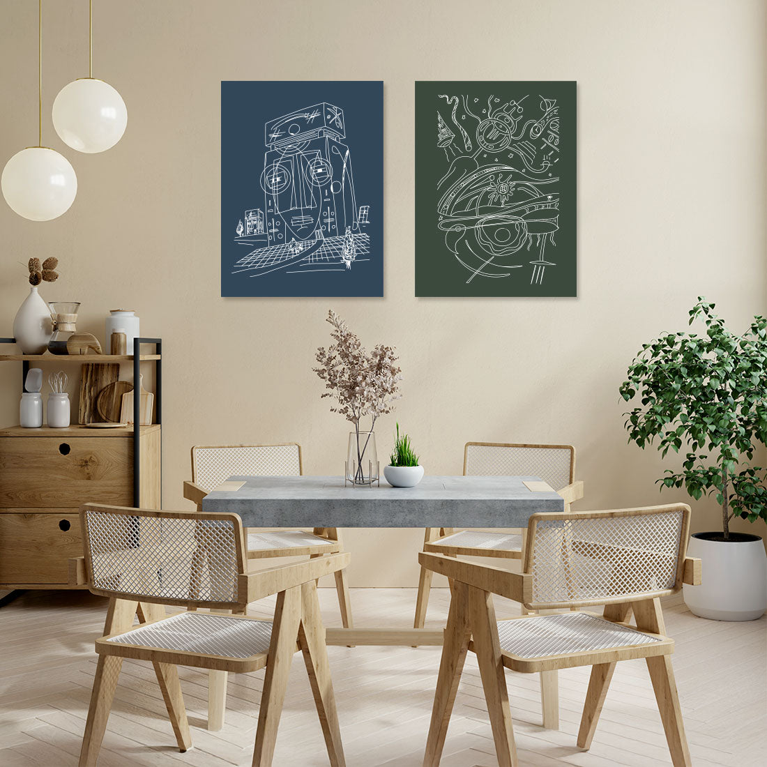 contemporary kitchen with two art prints on canvas