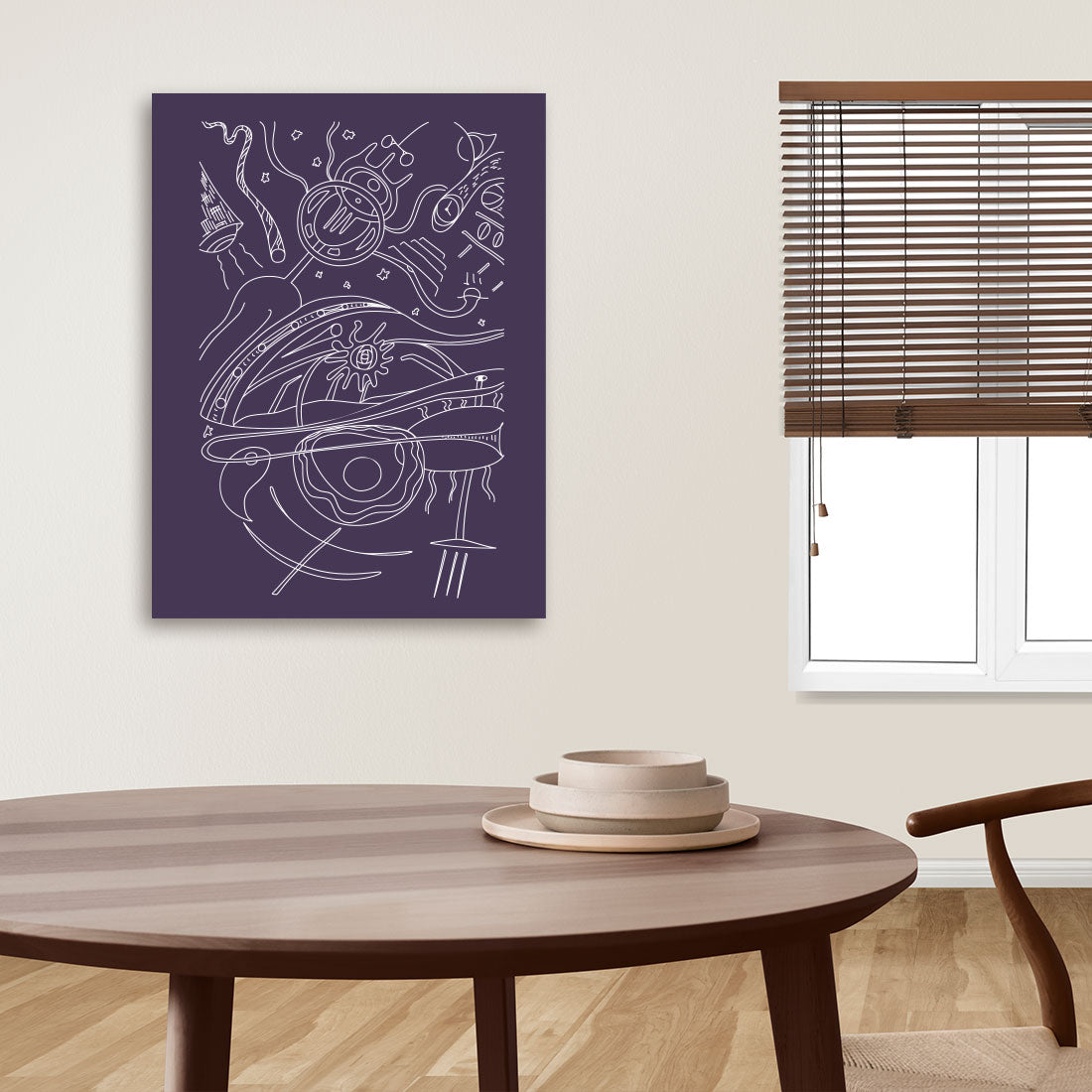 contemporary living room with abstract space artwork on canvas