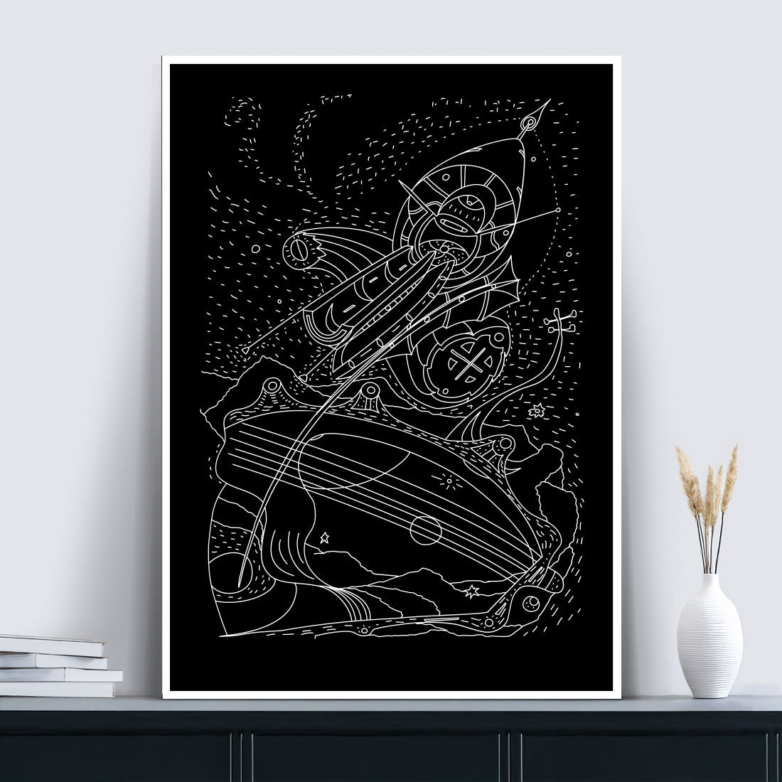 Guitar dance art poster white on black