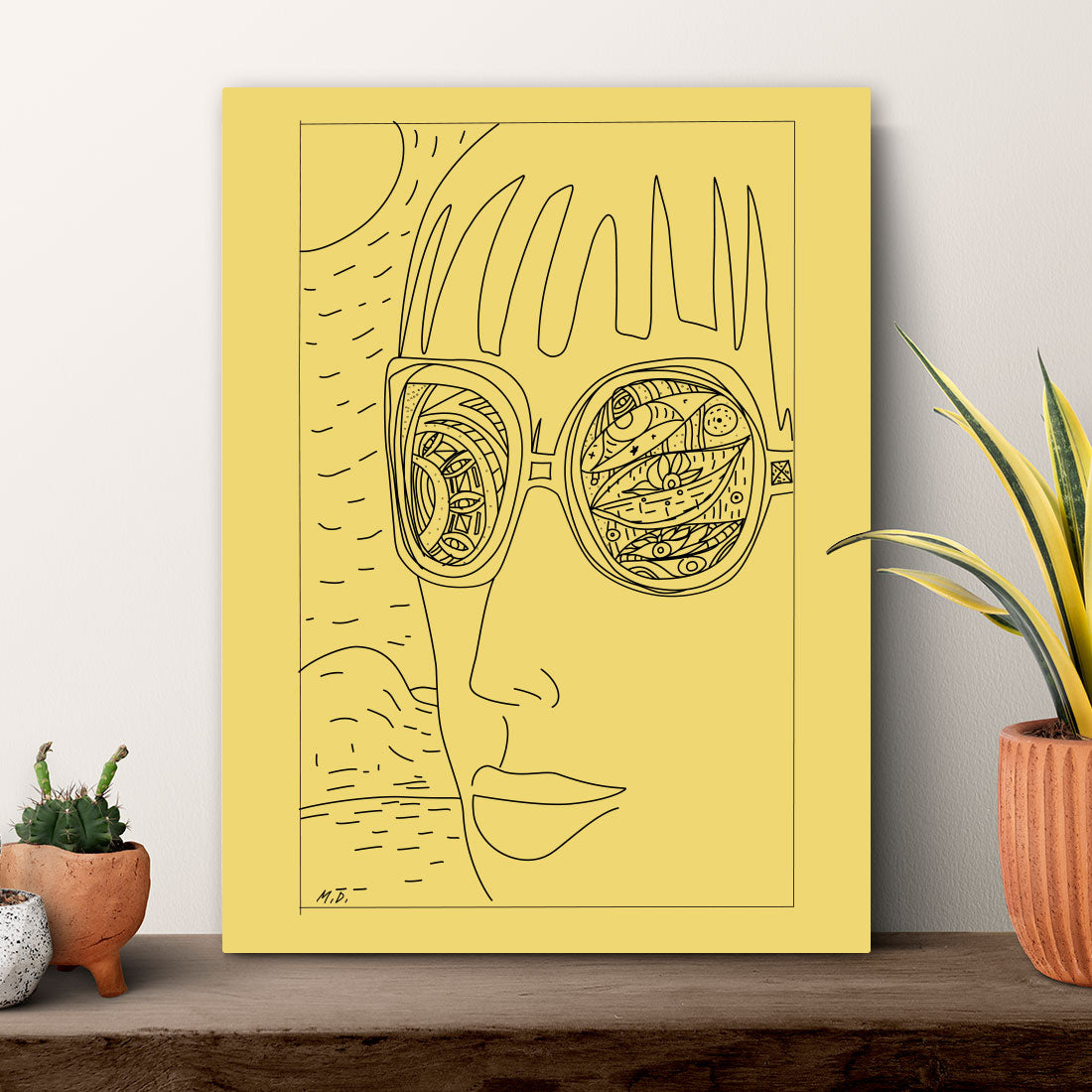 Bohemian style art print on yellow canvas