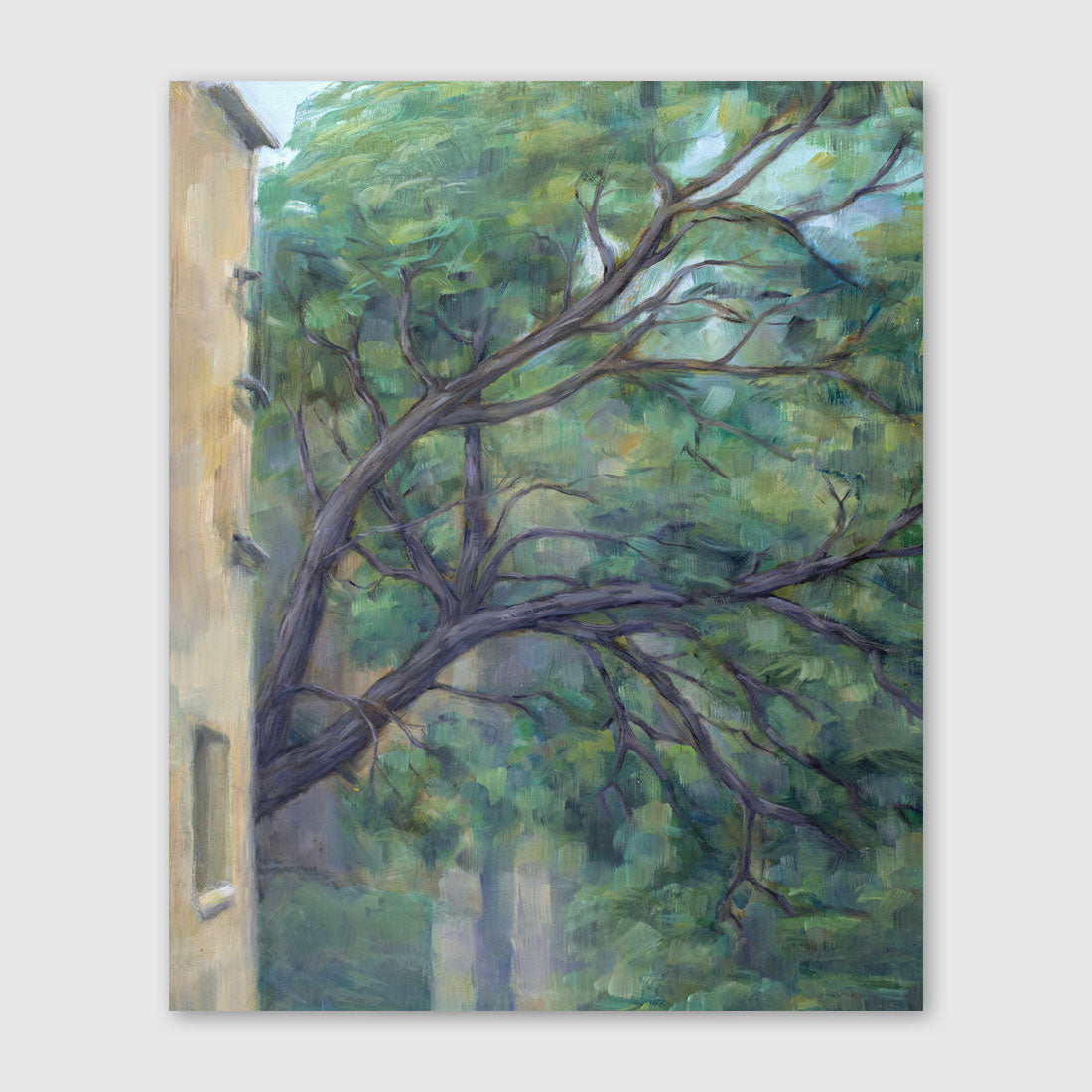 Oil painting of a green tree in the yard