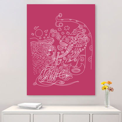 The Poetic Muse by the Sea on berry colored canvas