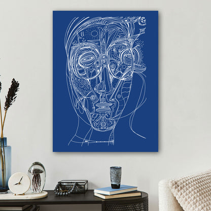 poetic woman on blue canvas