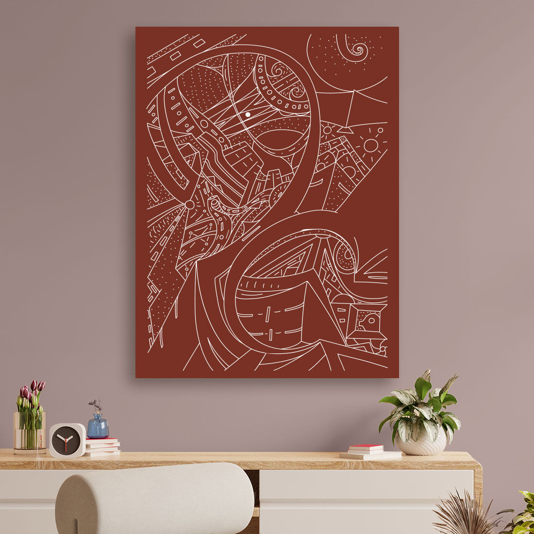 rust colored urban theme artwork on canvas