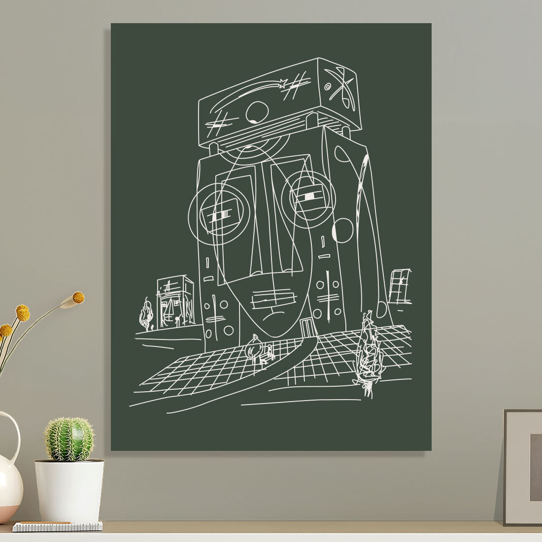 square face art on dark green canvas