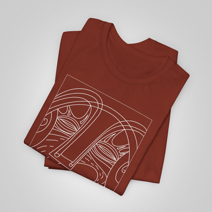 An artistically designed T-shirt with a smiling face in a blissful trance