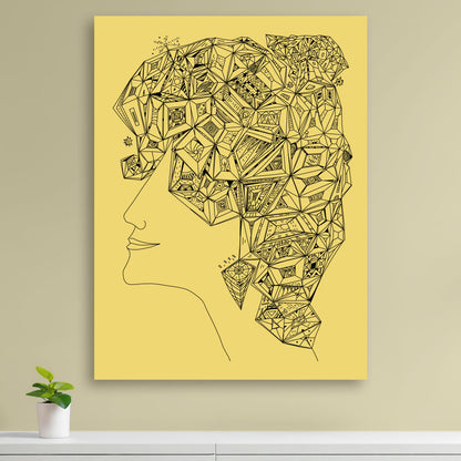 woman with geometric hair on maize yellow canvas