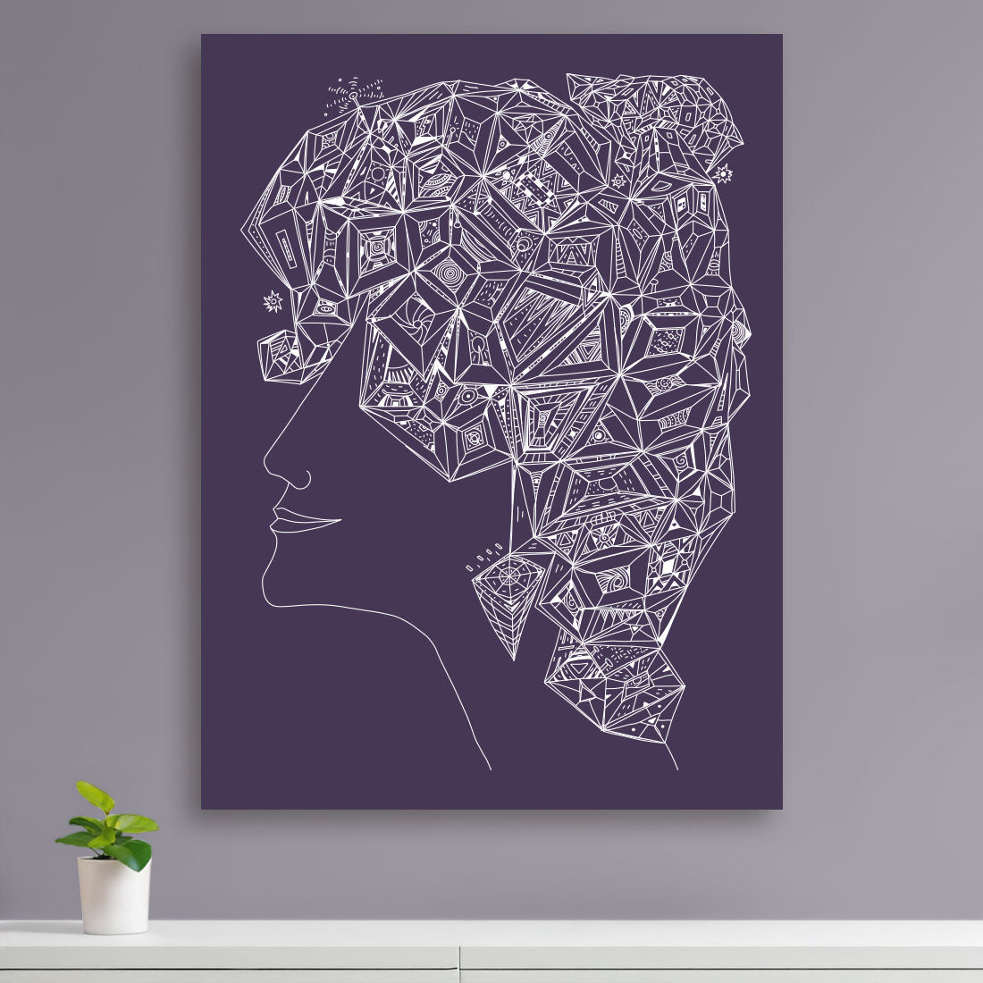 woman with web hair on muted eggplant colored canvas