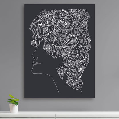 woman with geometric hair on dark gray canvas