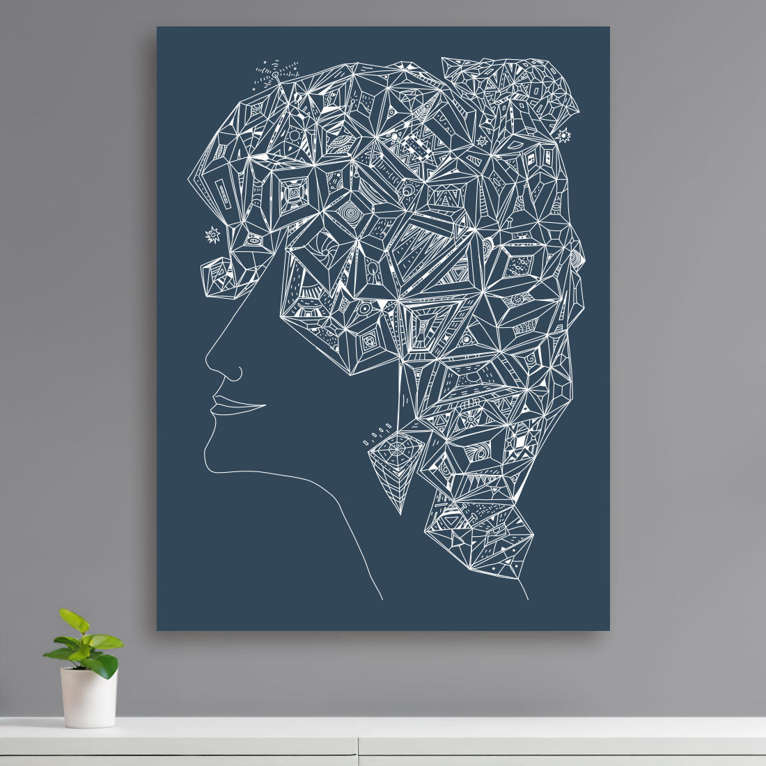 woman with web hair on deep blue canvas