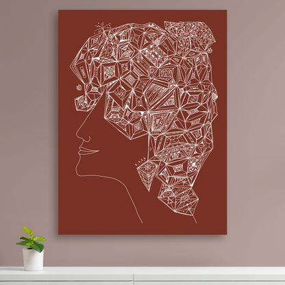 woman with geometric hair on rust canvas